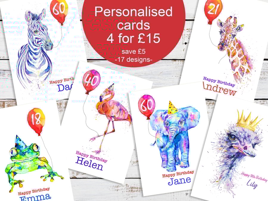 Personalised birthday cards, 4 for 3, any name and age, cute animal cards