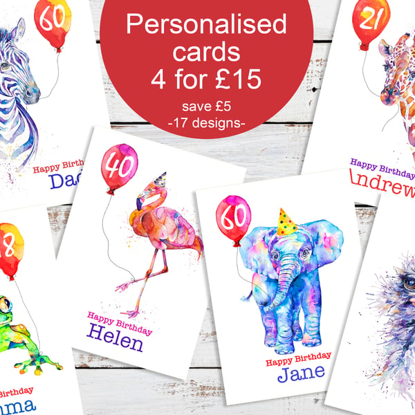 Personalised birthday cards, 4 for 3, any name and age, cute animal cards