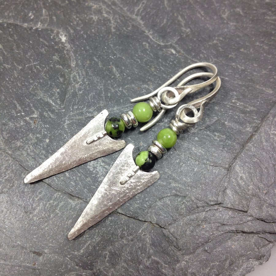 Green chrysoprase and silver arrowhead tribal earrings