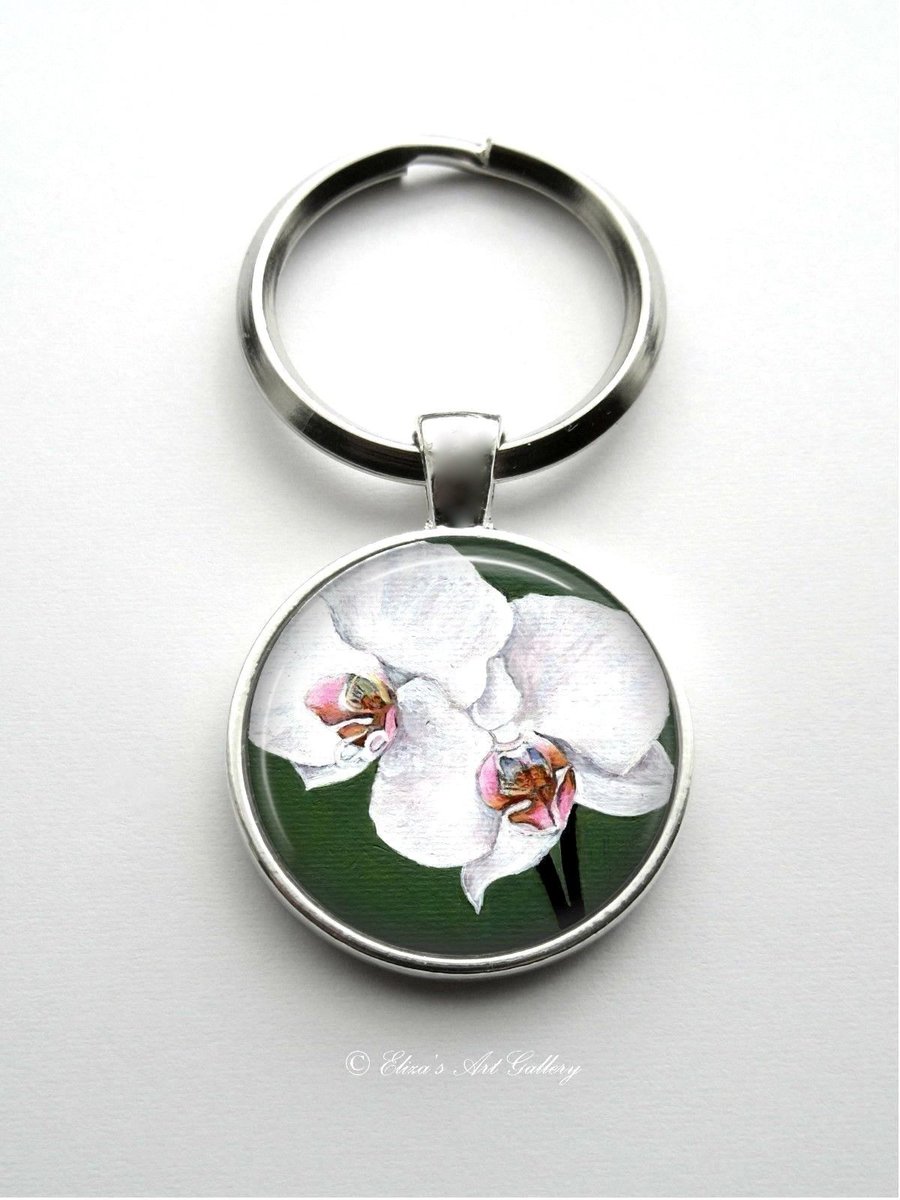 Silver Plated Orchid Flower Art Cabochon Keyring