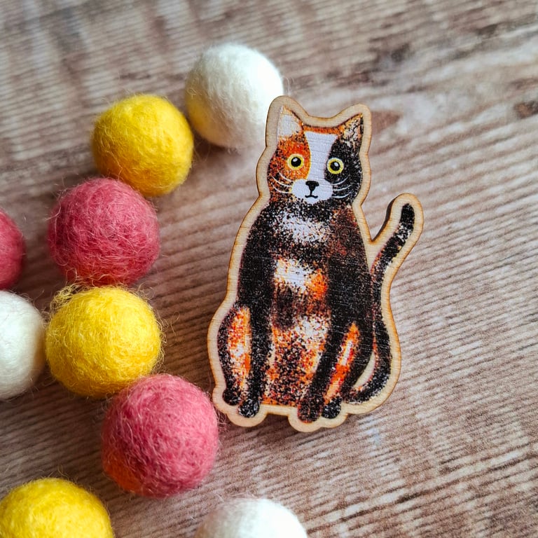 Calico Cat Wooden Pin Brooch