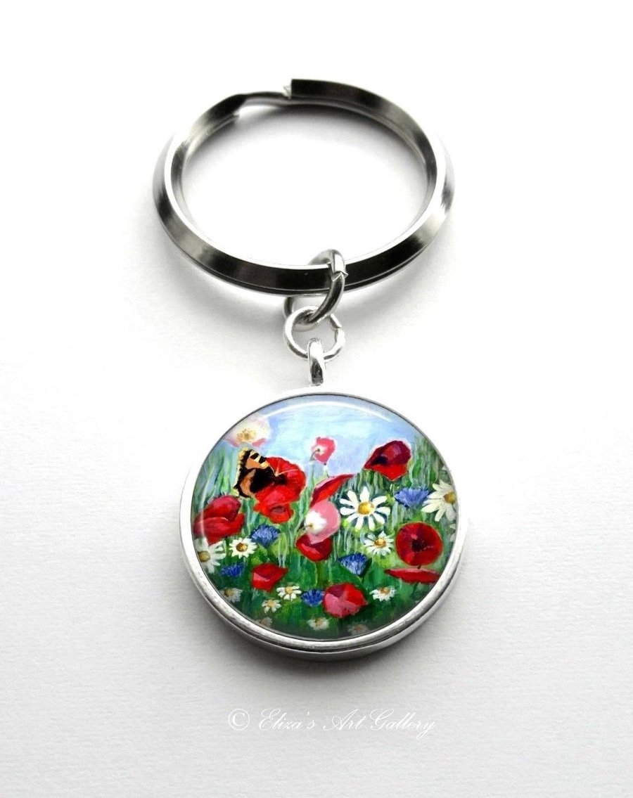 Silver Plated Wildflower Art Cabochon Keyring
