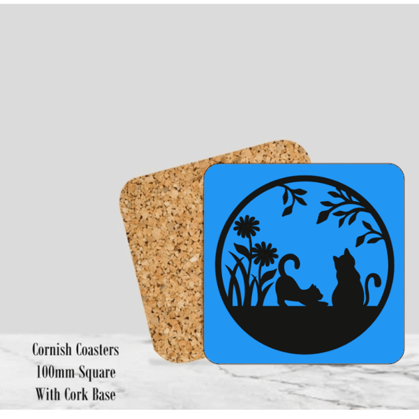 Blue  Silhouette Cats Coaster 4" Square With Cork Base