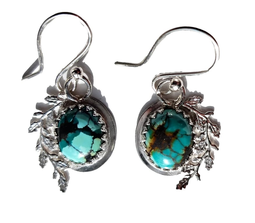 Sterling Silver Earrings Hubei Turquoise Leaf Design Gift Boxed