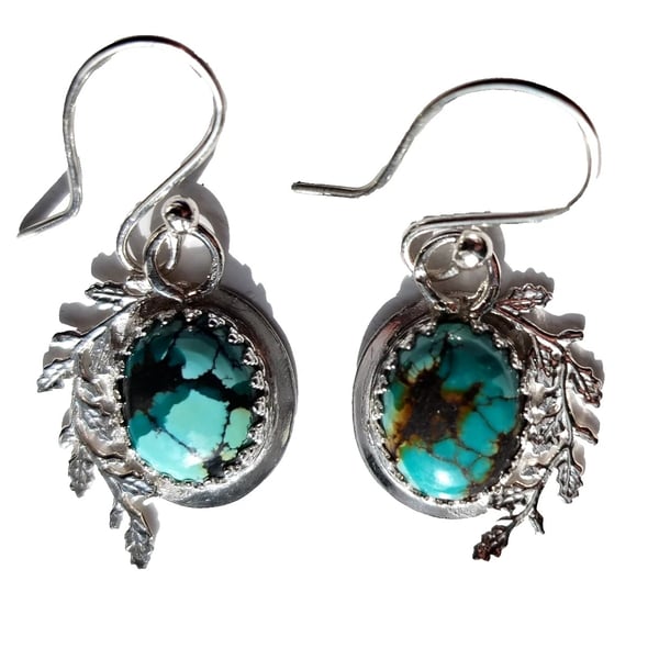 Sterling Silver Earrings Hubei Turquoise Leaf Design Gift Boxed