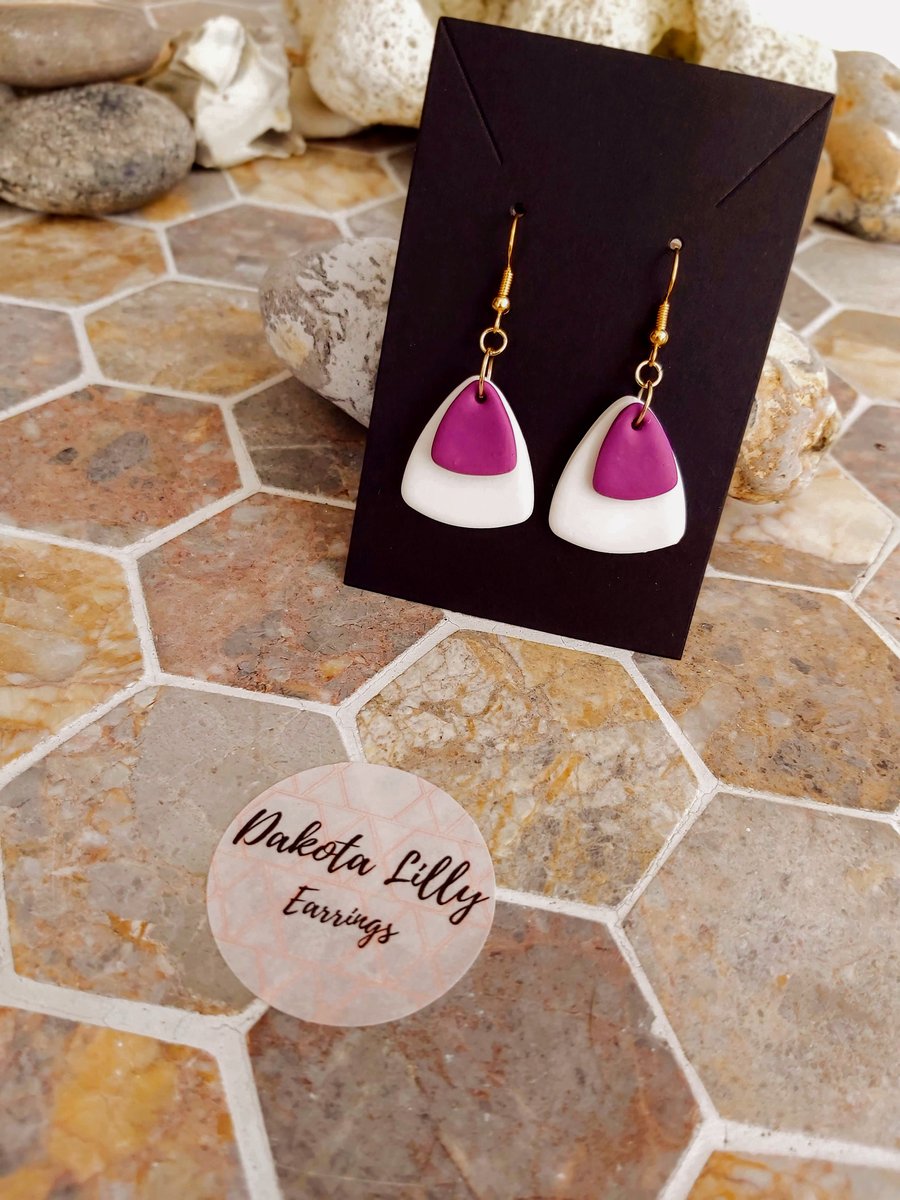 White and purple triangle polymer clay earrings