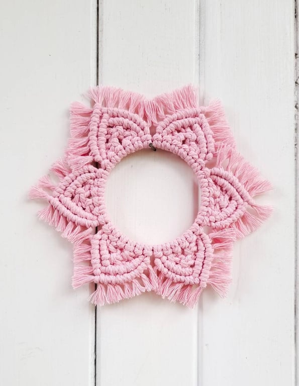 Macrame flower wall hanging, pink bedroom decor, organic cotton