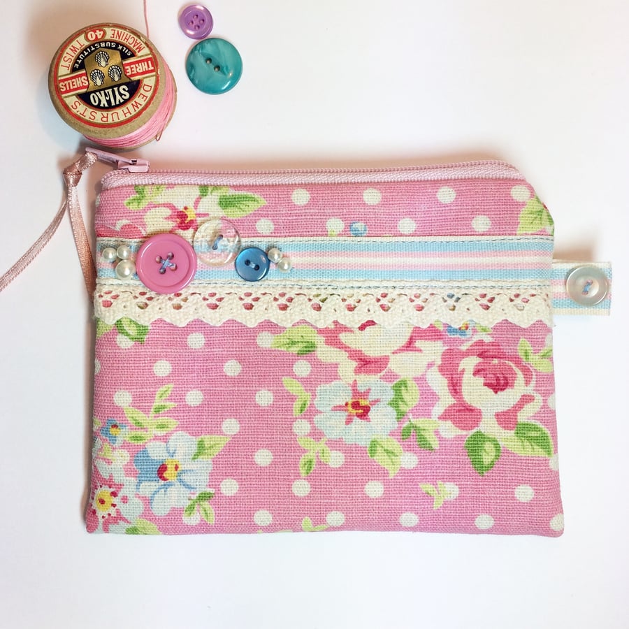 SALE Rose and Polka Dot Coin Purse with Lace