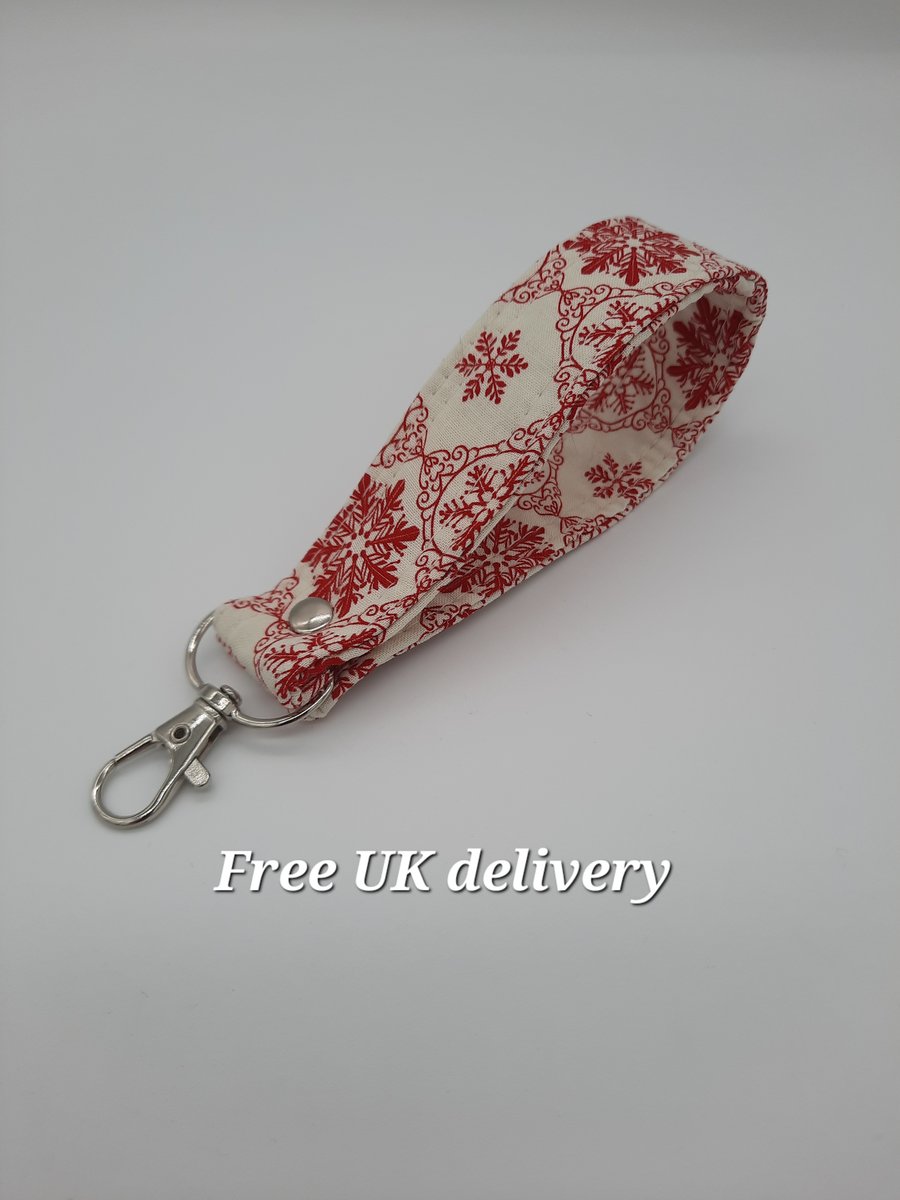 Bag charm wristlet  - keyfob, red snowflake cotton keyring.   