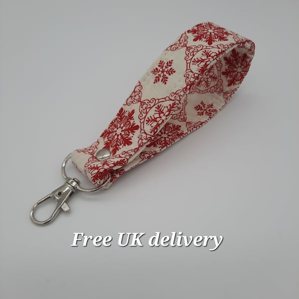 Bag charm wristlet  - keyfob, red snowflake cotton keyring.   