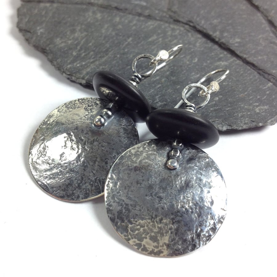 Large round silver and black onyx earrings 
