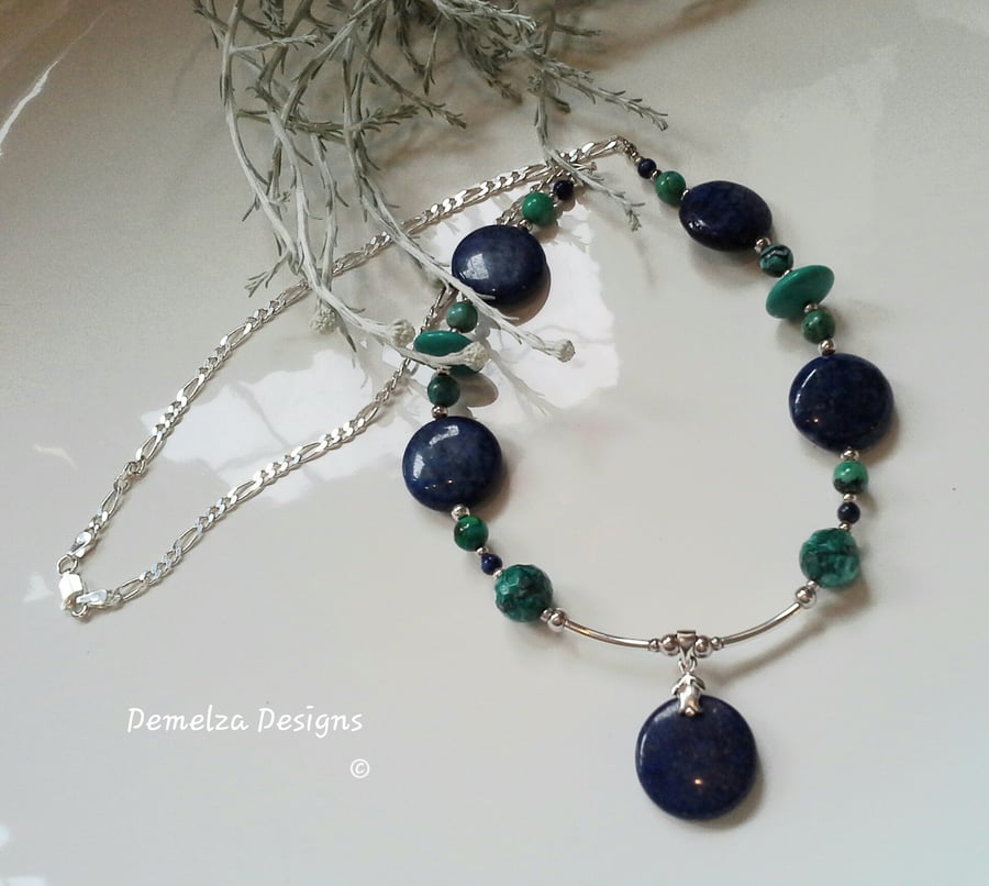 Turquoise & Lapis Lazuli Necklace 925 Sterling Silver  ONE OFF