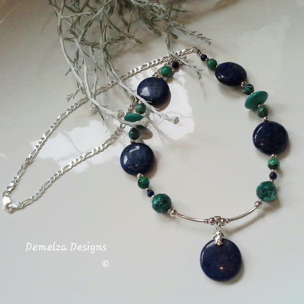 Turquoise & Lapis Lazuli Necklace 925 Sterling Silver  ONE OFF