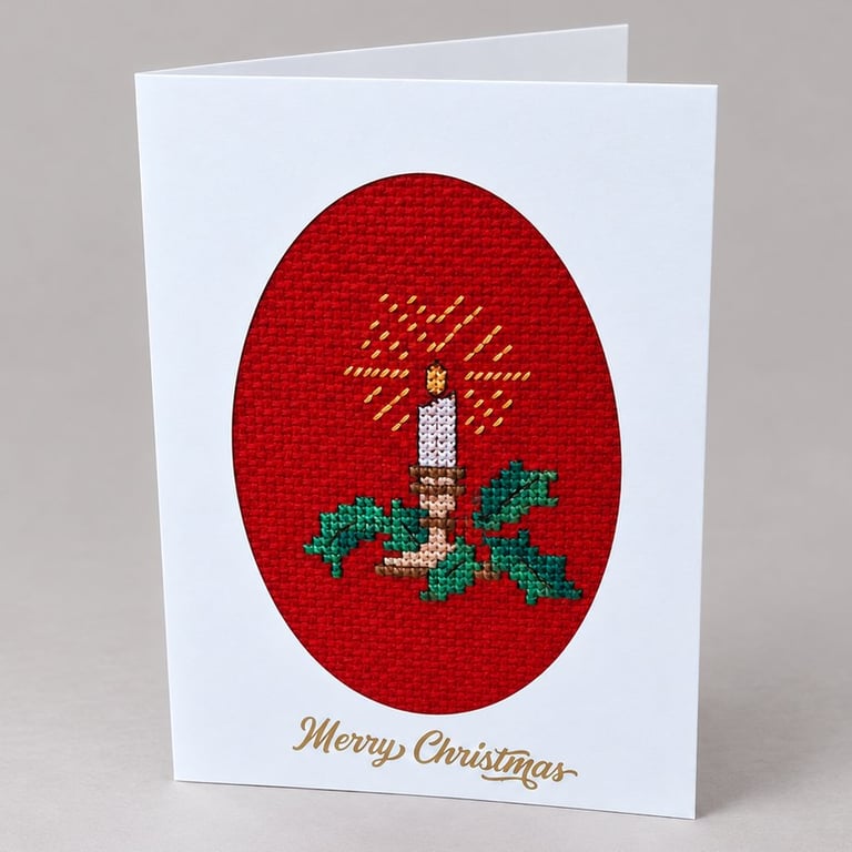 Handmade Cross Stitch Christmas Card – Candle, Holly & Berries – 6 x 4 Inch