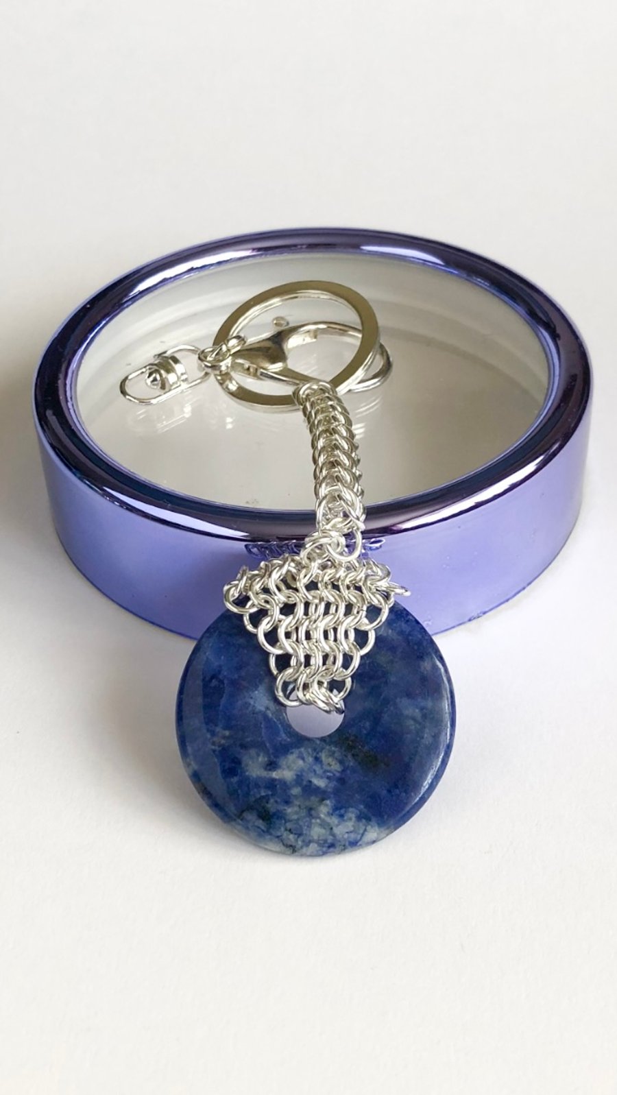 Sodalite Donut Handbag Charm with Chainmaille Chain and Keyring