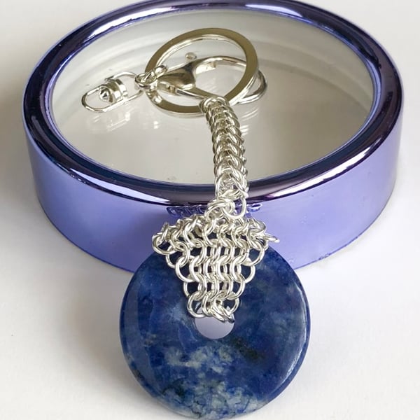 Sodalite Donut Handbag Charm with Chainmaille Chain and Keyring