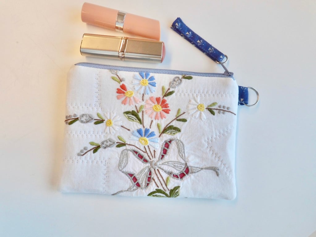 Make up bag zipped in reclaimed embroidered cloth and Laura Ashley lining 