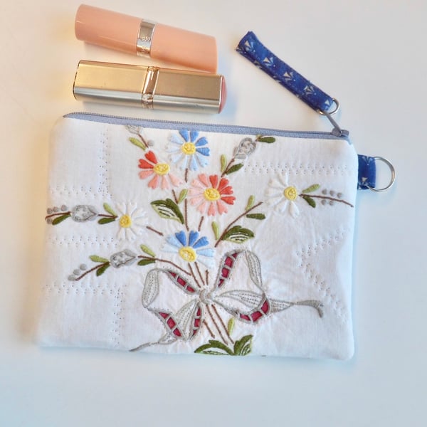Make up bag zipped in reclaimed embroidered cloth and Laura Ashley lining 