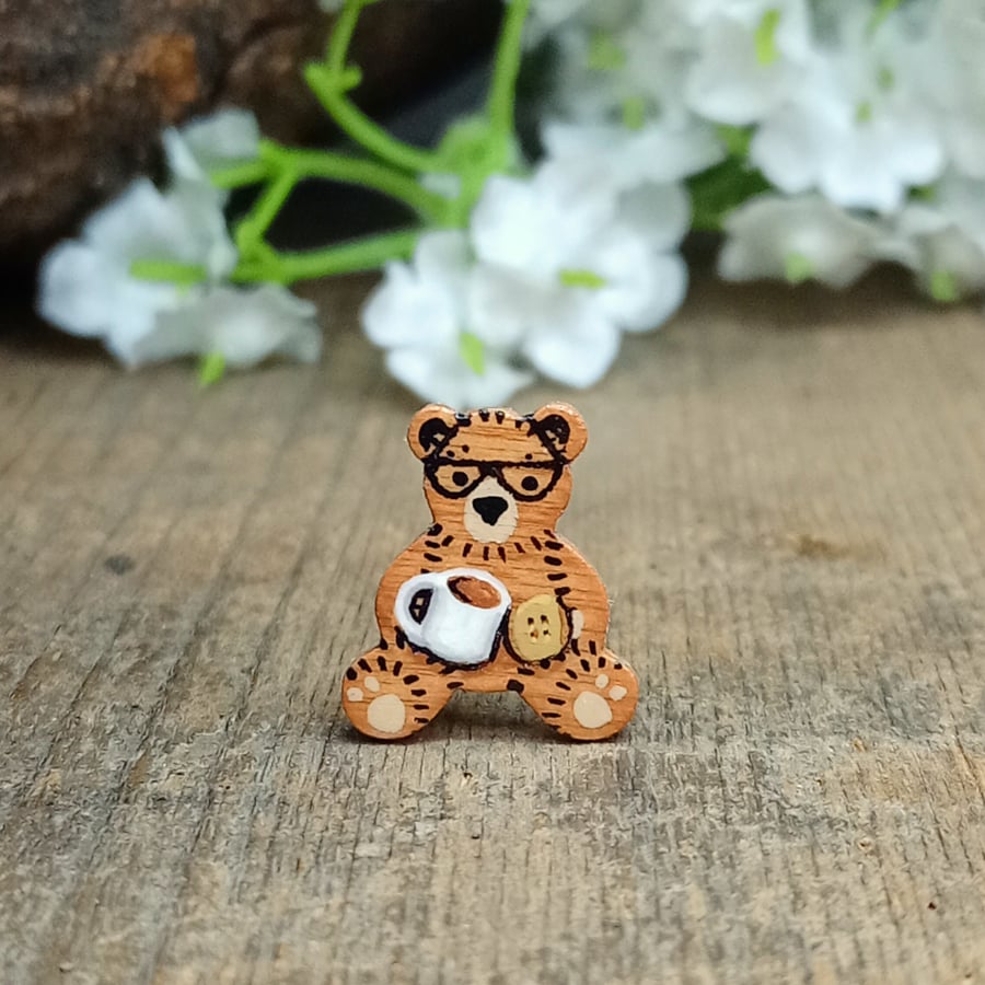 Coffee Bear Pin, Handmade Tiny Wooden Teddy Badge, Coffee Lover Gift