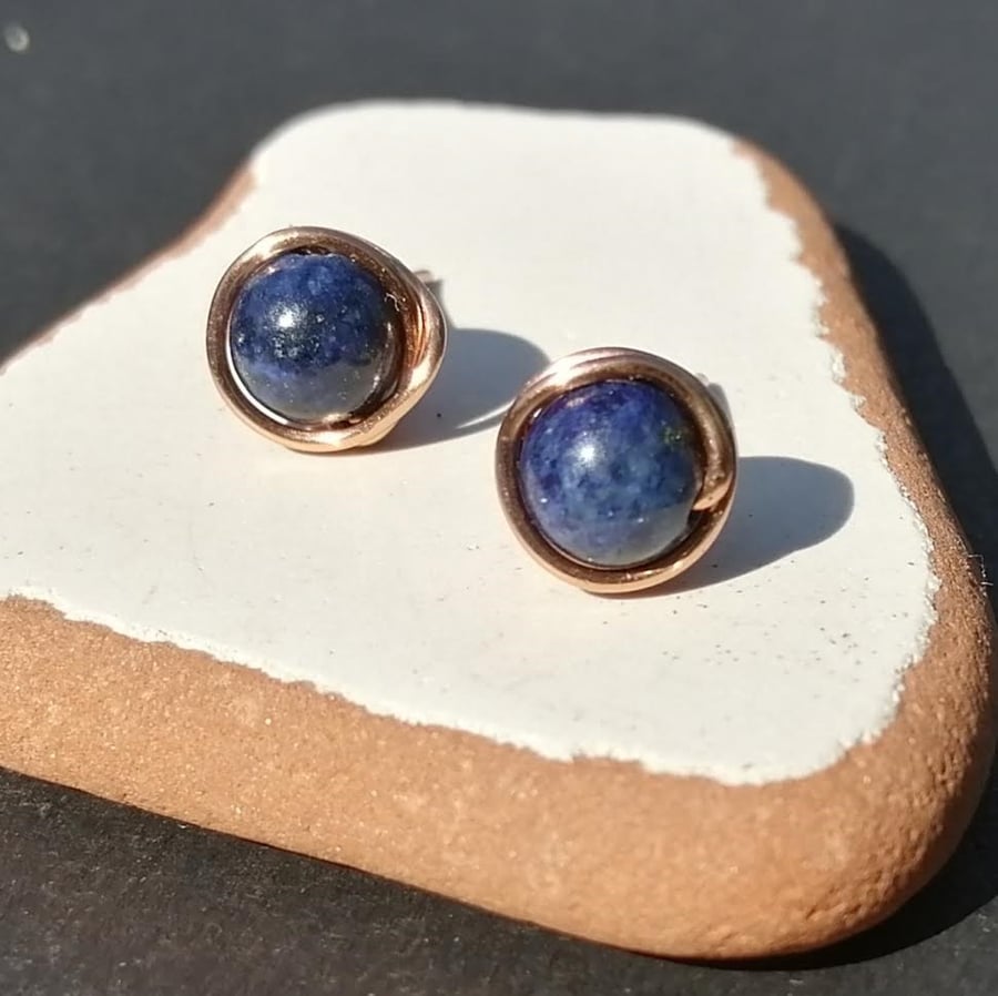 Copper wrapped blue stone stud earrings