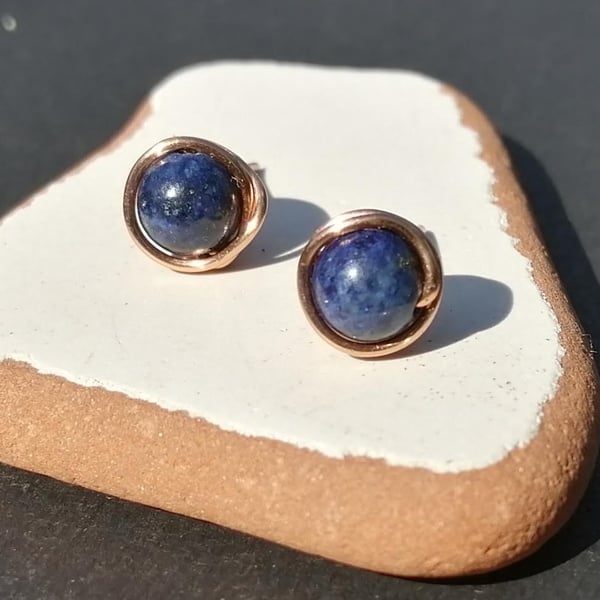 Copper wrapped blue stone stud earrings