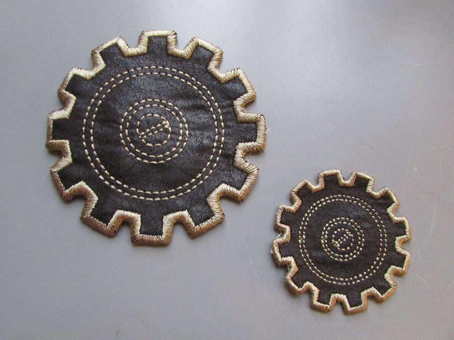 Embroidered Faux Black Leather Cog Steampunk Applique 2 sizes
