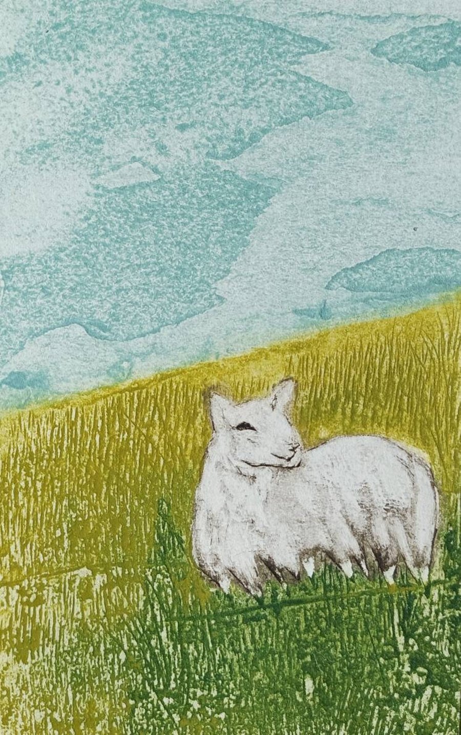 A Hand-printed Collagraph - Spring Lamb, Highland Sheep and Lambs