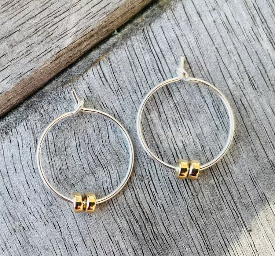 Sterling Silver 15mm Hoop Earrings with Small Gold Filled Rondelles