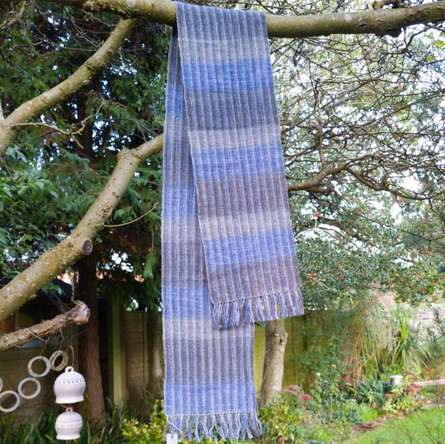 Handwoven Unisex Blue and Grey Scarf in a wool blend