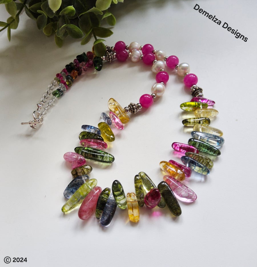 Multicoloured Quartz, Baroque Freshwater Pearl, Pink Jade Necklace 