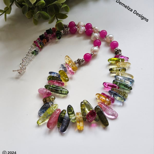 Multicoloured Quartz, Baroque Freshwater Pearl, Pink Jade Necklace 