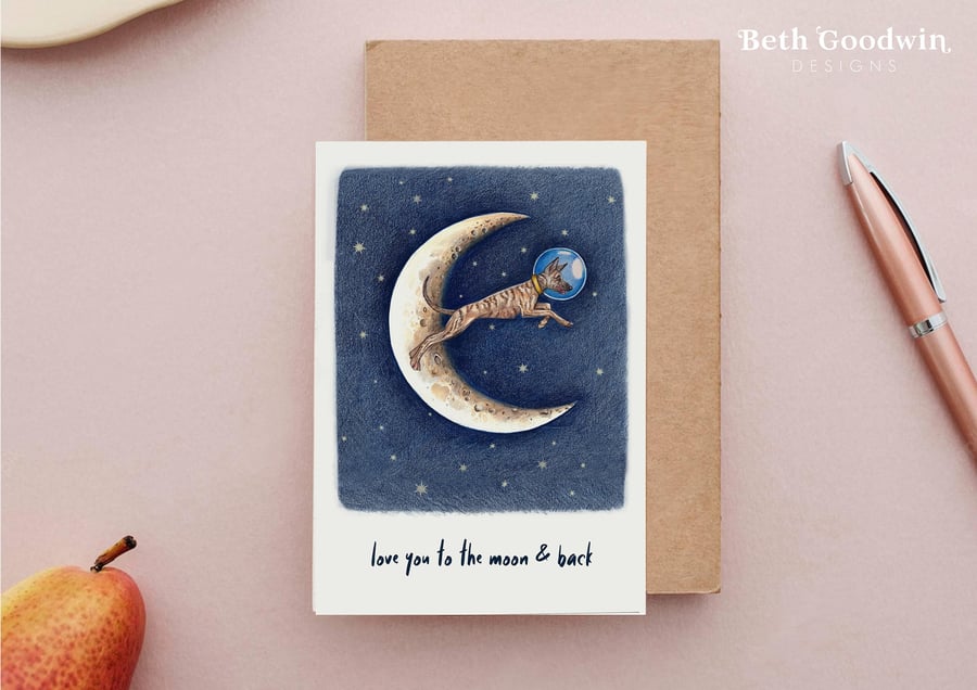 Greyhound Love Card - Space Dog Card, Love you to the Moon and back, Podenco