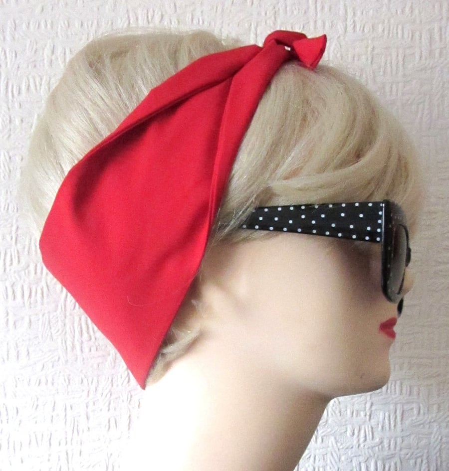 Red Hair Tie Fabric Head Scarf by Dolly Cool Plain Rockabilly 50s