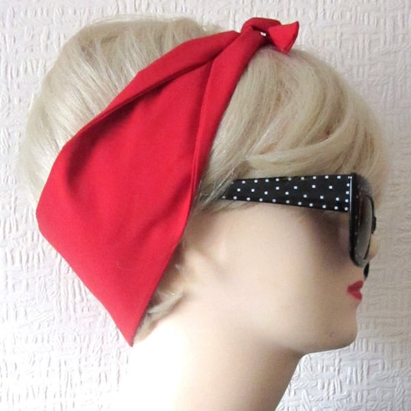 Red Hair Tie Fabric Head Scarf by Dolly Cool Plain Rockabilly 50s