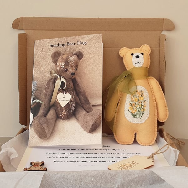 Sending bear hugs letterbox bear, embroidered teddy bear post box gift 