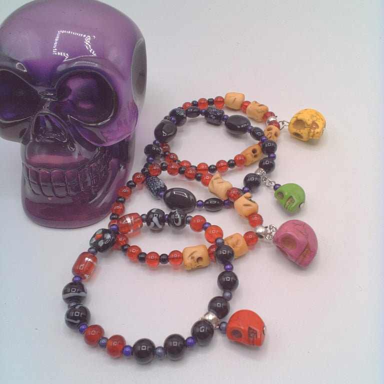 Beaded Halloween Stretch Bracelet with a Howlite Skull Centre, Halloween