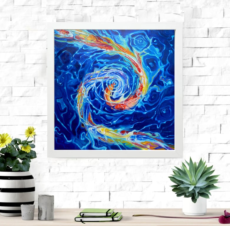 Koi Harmon is a framed canvas print of koi fish locked in an abstract spiral 
