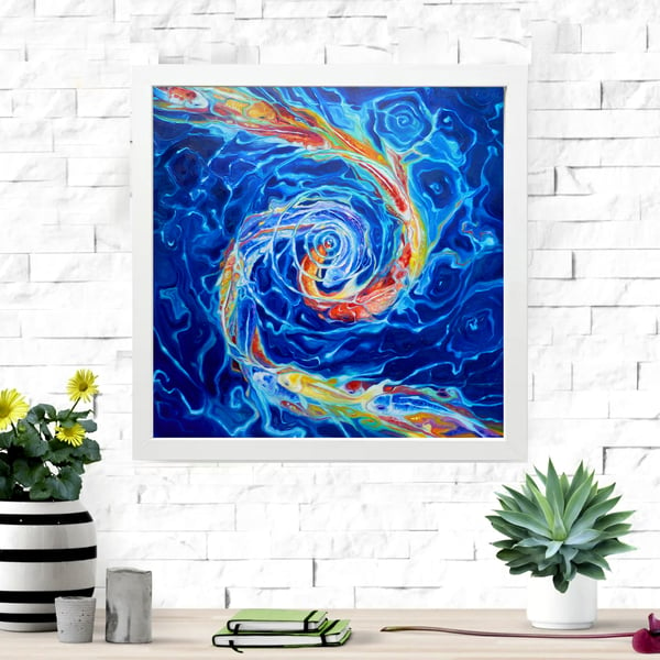 Koi Harmon is a framed canvas print of koi fish locked in an abstract spiral 