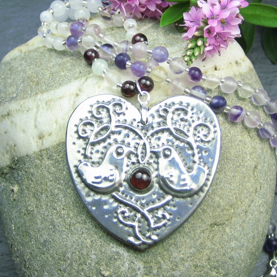 Silver Heart Necklace in Pewter with Garnet and Gemstones, Birds Design