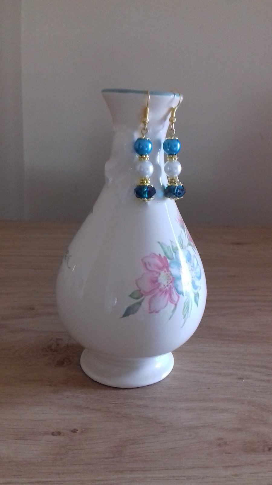 AQUA, TURQUOISE, WHITE AND GOLD FANCY DROP EARRINGS.