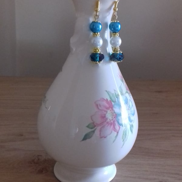 AQUA, TURQUOISE, WHITE AND GOLD FANCY DROP EARRINGS.