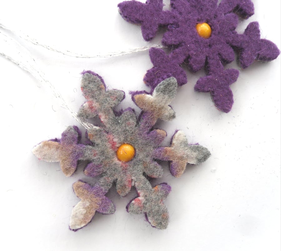 Purple Christmas snowflake ornament 100% wool , set of two