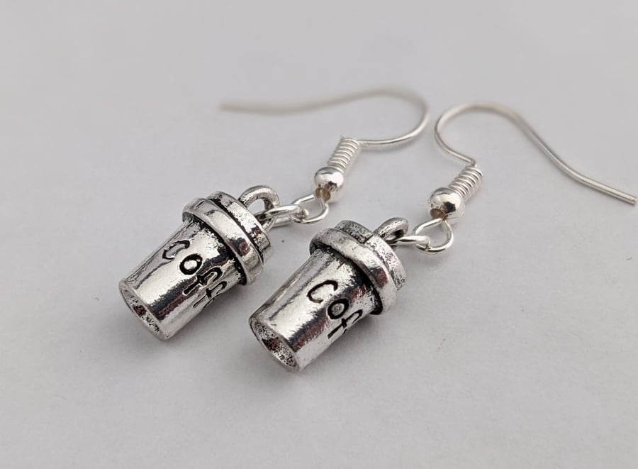 Takeaway coffee cup earrings, Tibetan silver, 3D