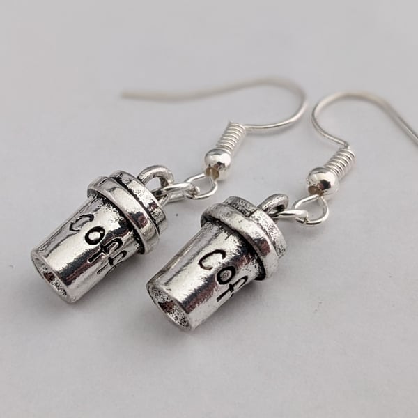 Takeaway coffee cup earrings, Tibetan silver, 3D