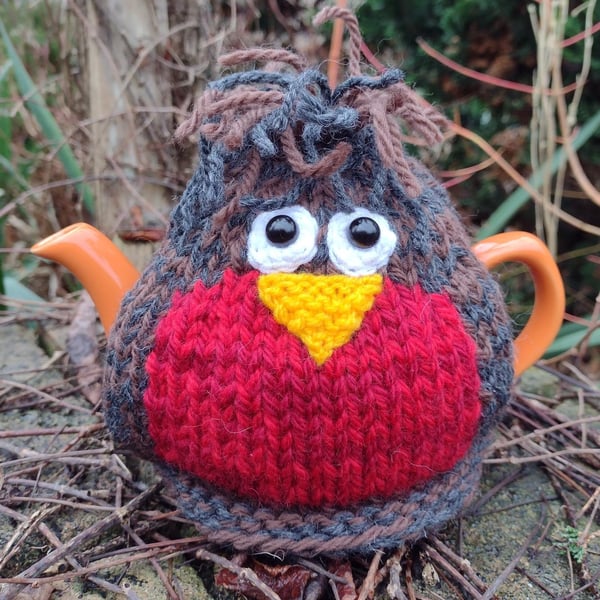 Hand Knitted Robin Tea Cosy - 100% Wool - for small 2 cup teapot