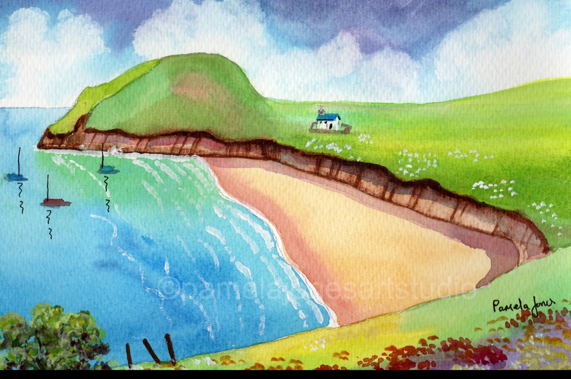 Mwnt Beach and Church, Cardigan Bay,  Original Watercoclour in 14 x 11 " Mount