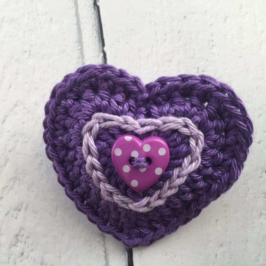 Crochet Heart Brooch in Purple
