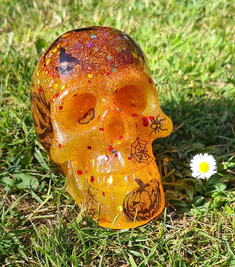 Gorgeous Glittery Pumpkin Resin Skull. No 6