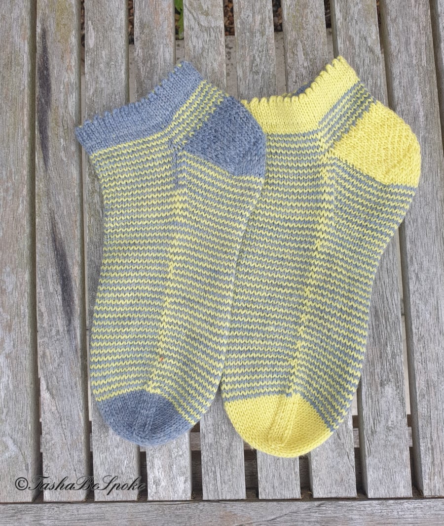 Mismatched ankle socks, Yellow and grey stripe socks, Merino wool sport socks