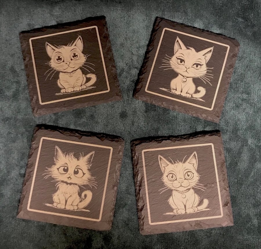 Individual Cute wide eyed cat slate coasters - laser engraved coasters